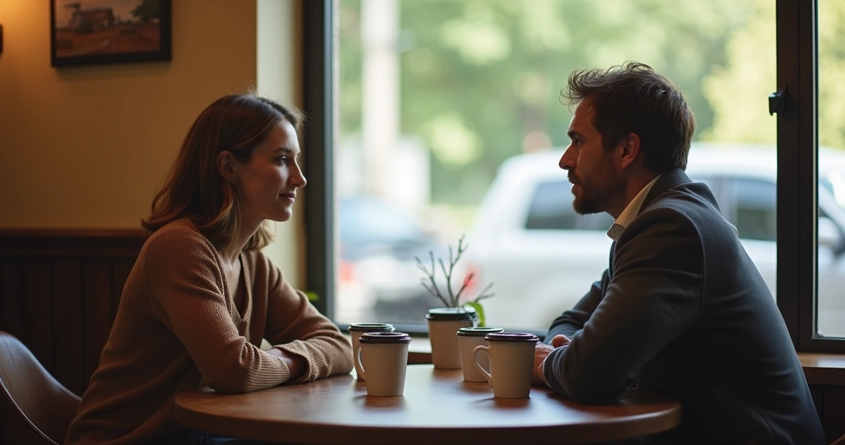 Duas pessoas conversando seriamente em uma cafeteria com xícaras à mesa 