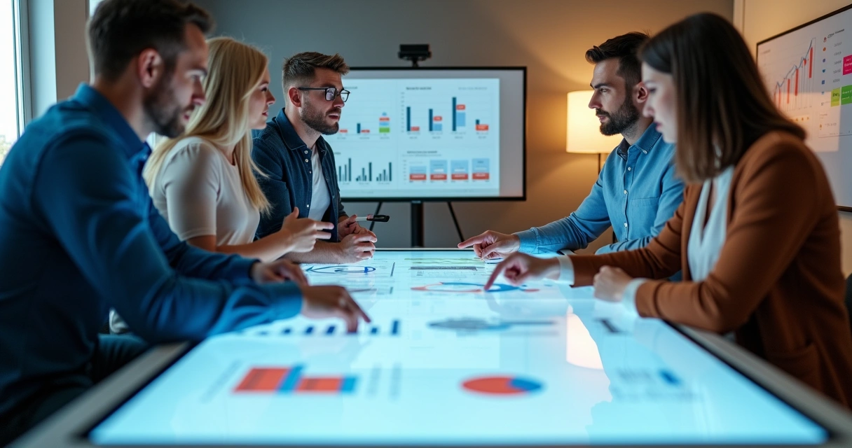 Grupo de profissionais analisando conteúdo digital com gráficos em tela 