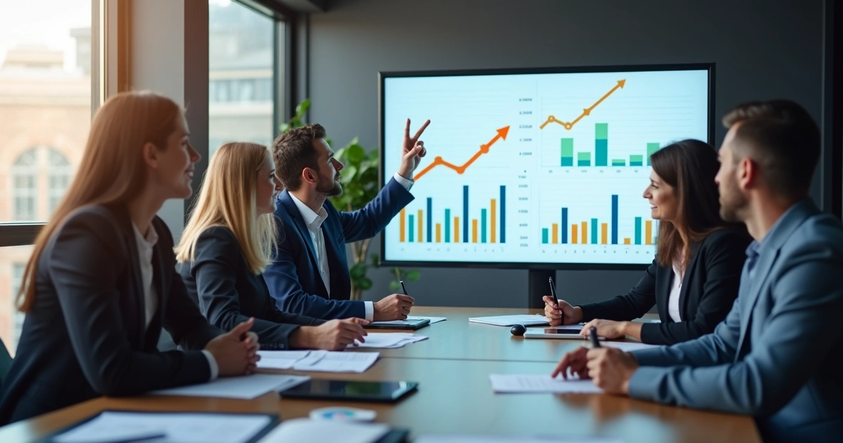 Equipe reunida analisando gráficos e indicadores operacionais