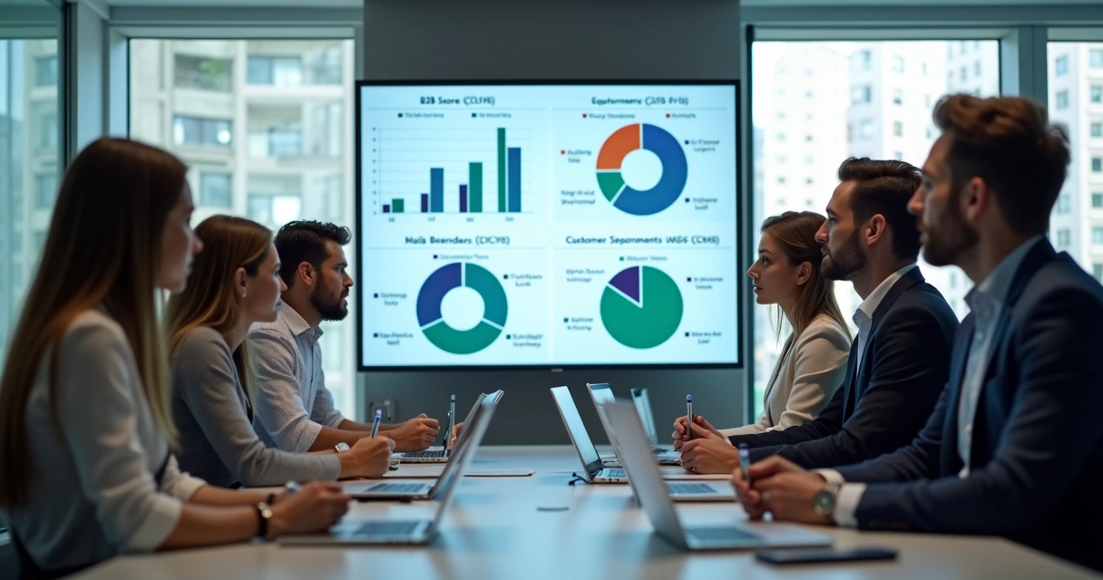 Equipe em sala de reunião analisando gráficos de score B2B 