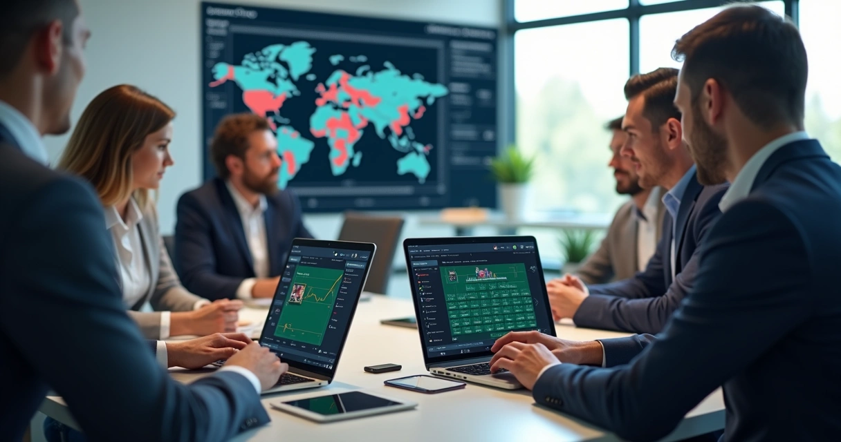 Grupo de pessoas em volta de uma mesa discutindo apostas online em notebooks 