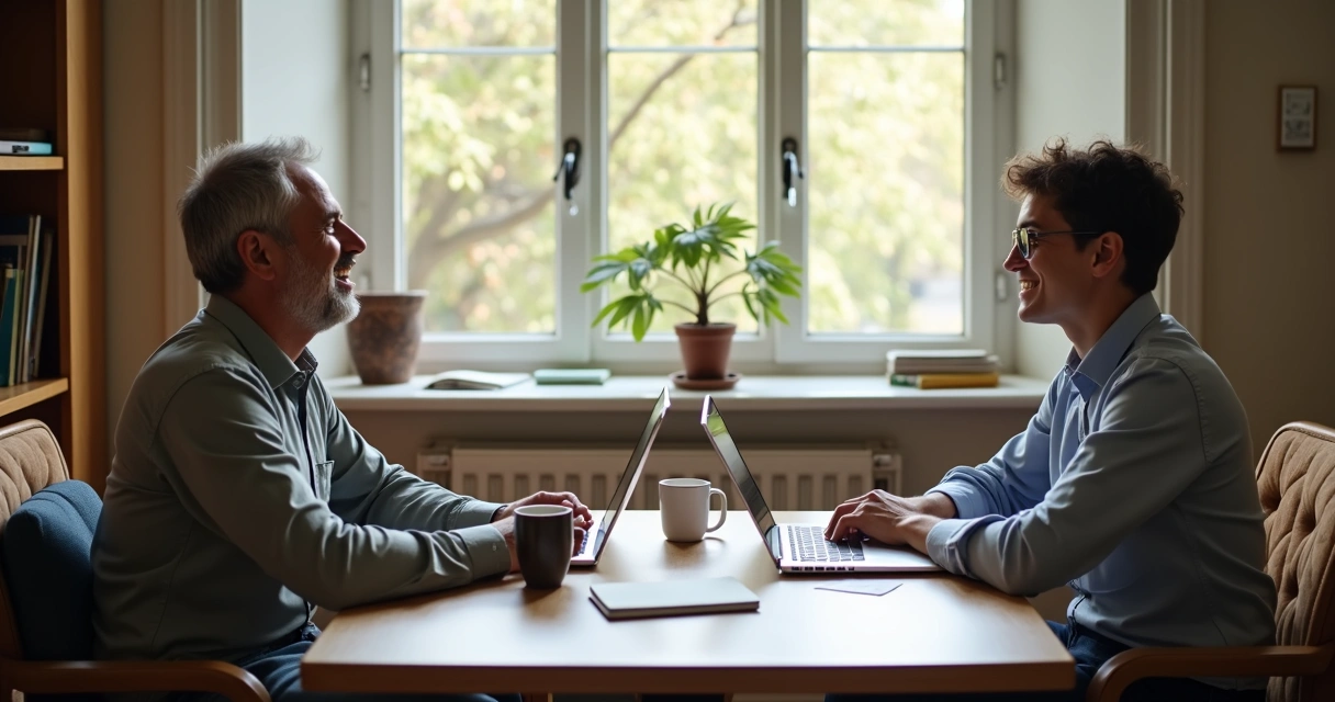 Dois adultos conversando em ambiente de estudo