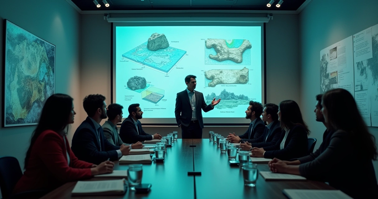 Homem discutindo sobre ciência e fé com grupo em conferência, com gráficos de geologia ao fundo.