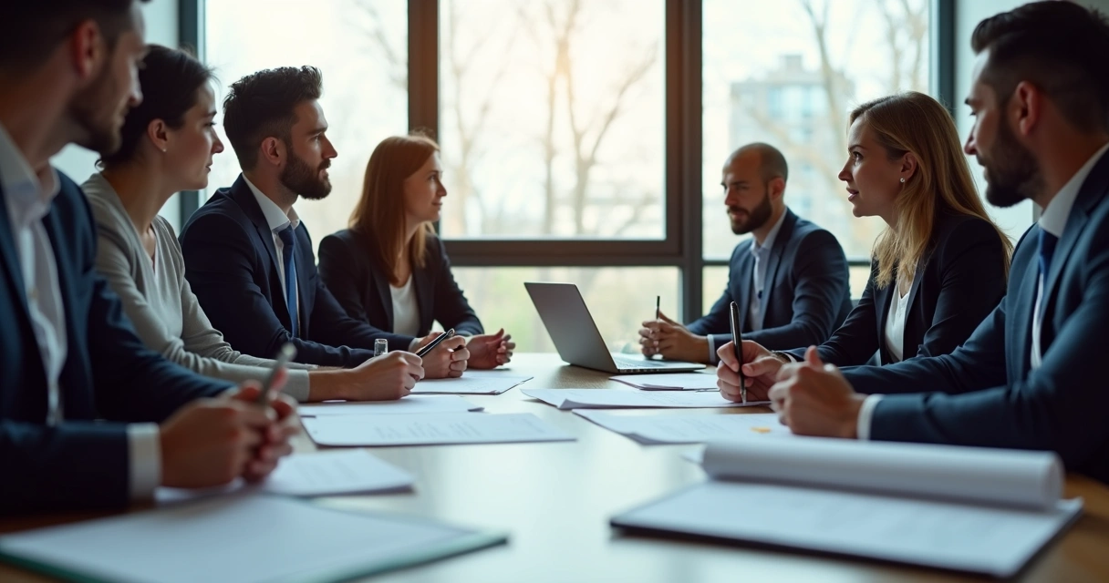 Grupo discutindo contrato em reunião corporativa 