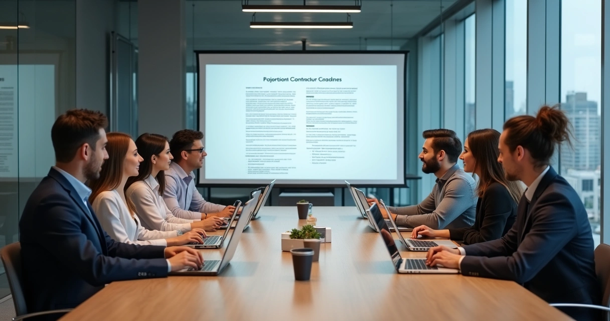 Equipe discutindo cláusulas contratuais em sala de reunião moderna.
