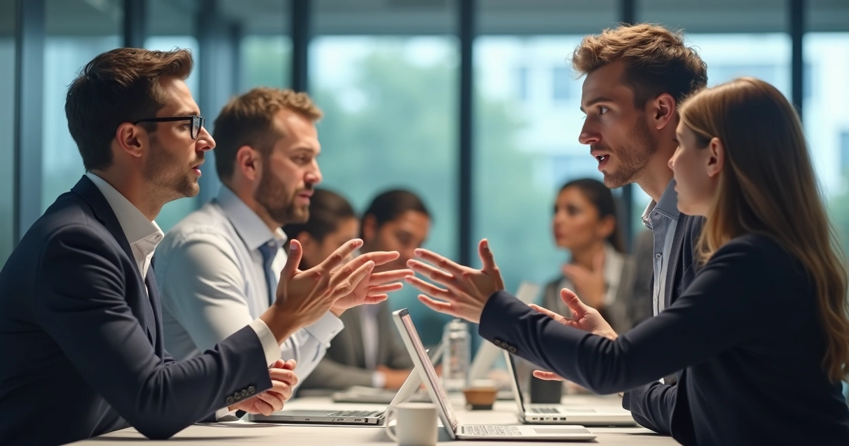 Dois colegas de trabalho discutindo em frente a outros funcionários 