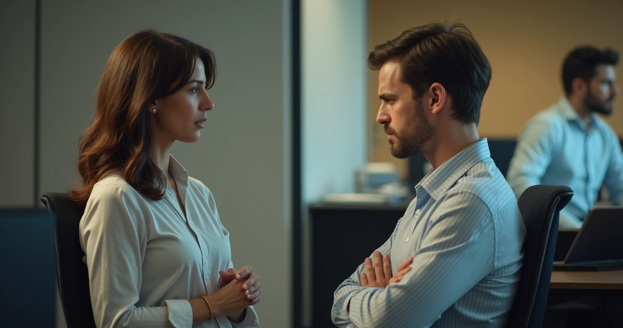 Dois colegas de trabalho discutindo em uma sala de reuniões 