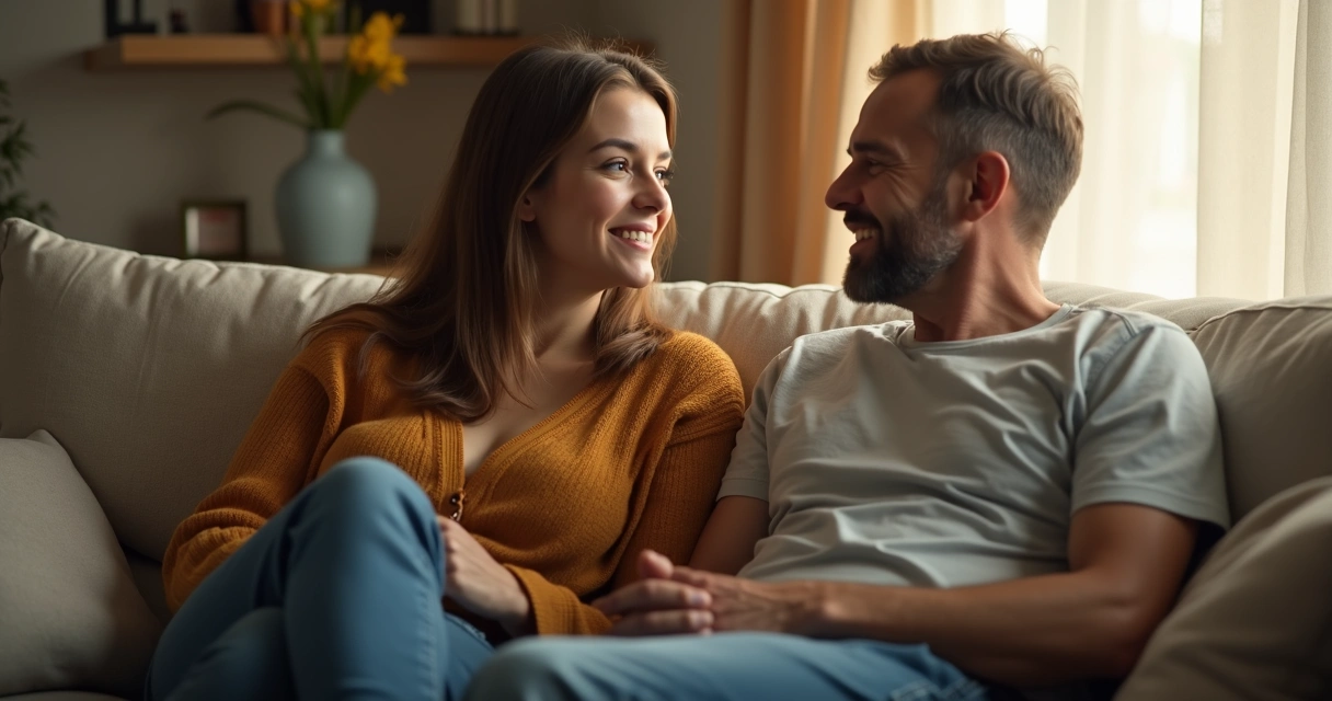 Casal conversando no sofá em clima de respeito 