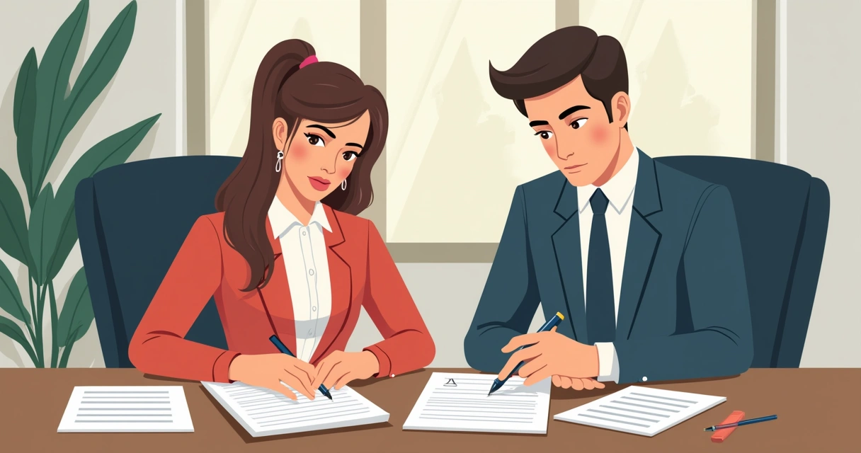 Duas pessoas analisando contrato de crédito em escritório 