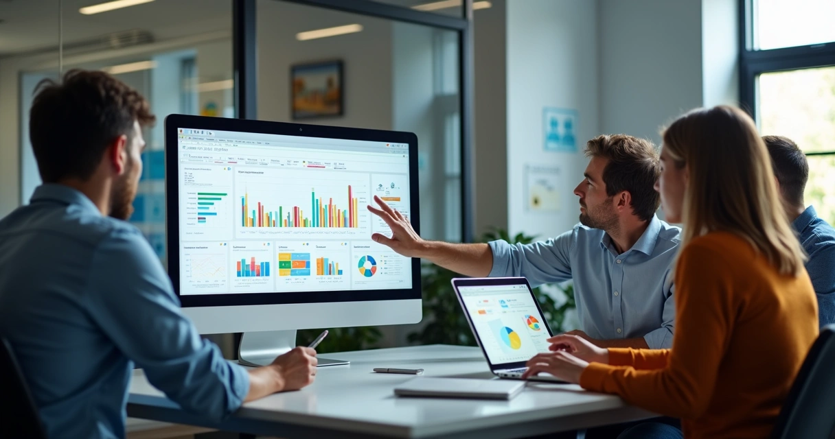 Time discutindo campanhas com notebooks e gráficos em tela 