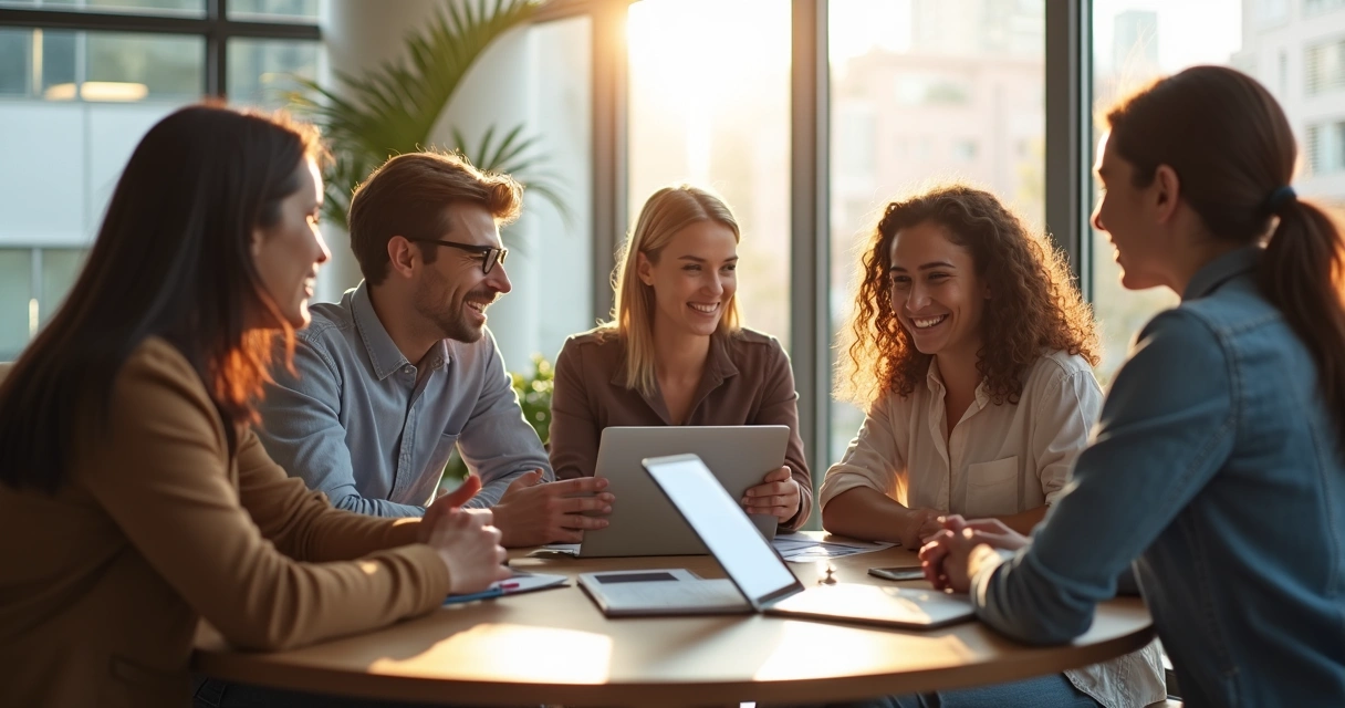 Grupo de pessoas discutindo ideias no ambiente de trabalho, parecendo engajados 