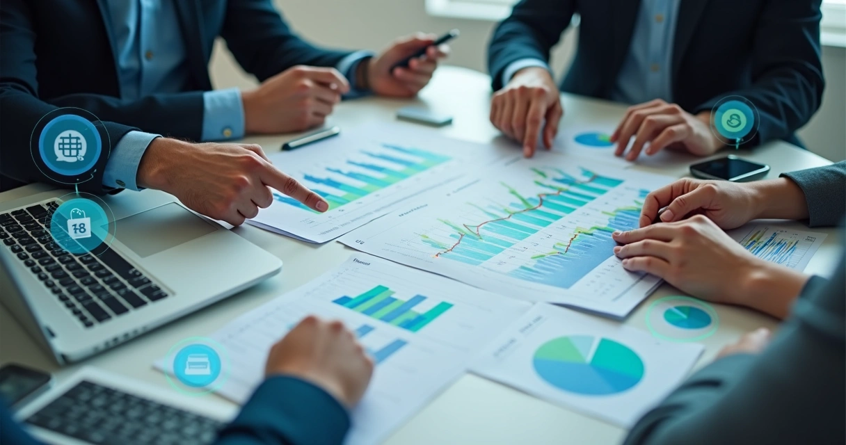 Discussão sobre custos de software com gráficos em uma mesa de reunião. 