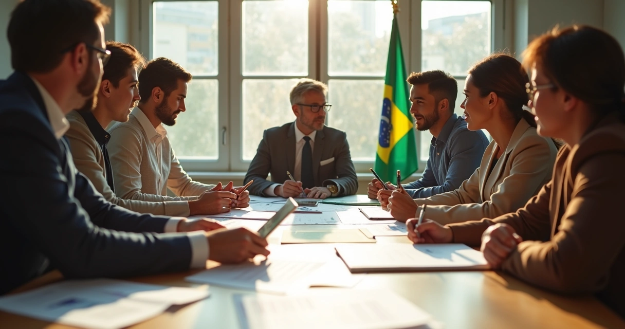 Grupo discutindo dados econômicos em reunião 