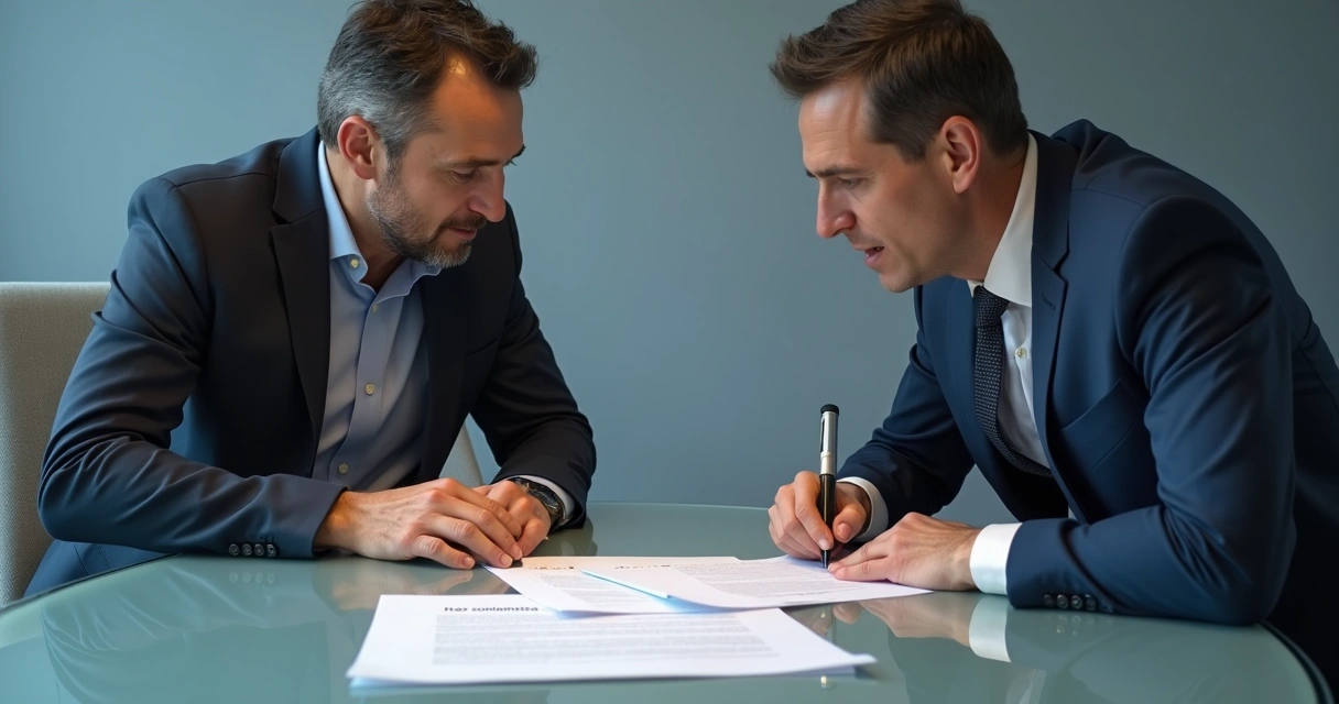 Duas pessoas em discussão sobre um contrato em ambiente de escritório 