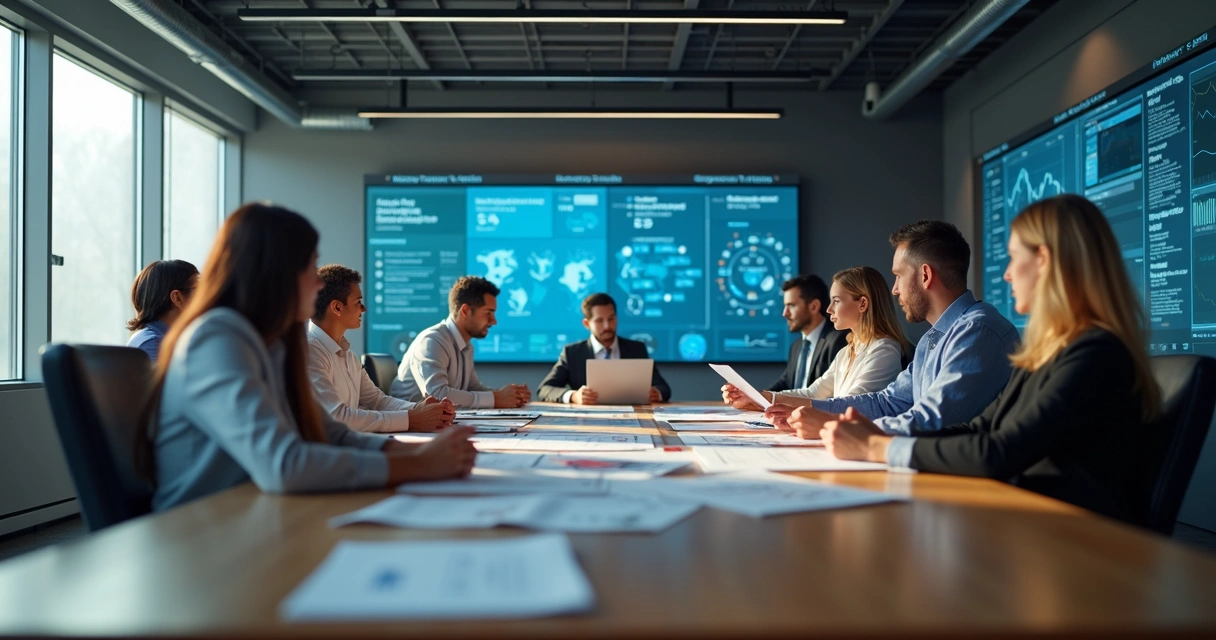 Equipe discutindo em sala de reunião com quadros de estratégias nas paredes 