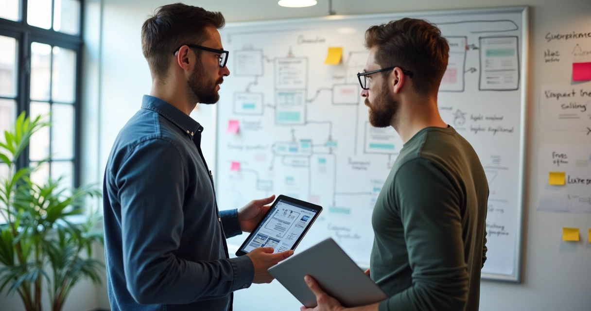 Designer de UX e desenvolvedor discutindo fluxos em um quadro branco