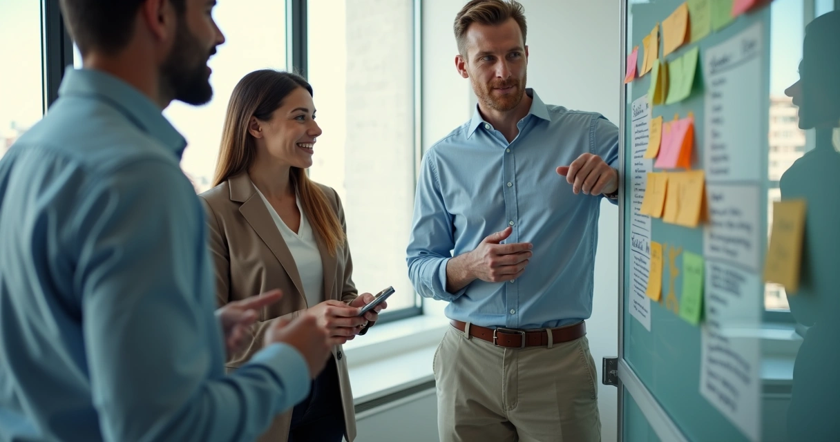 Time de vendas discutindo diferenciais estratégicos no escritório 