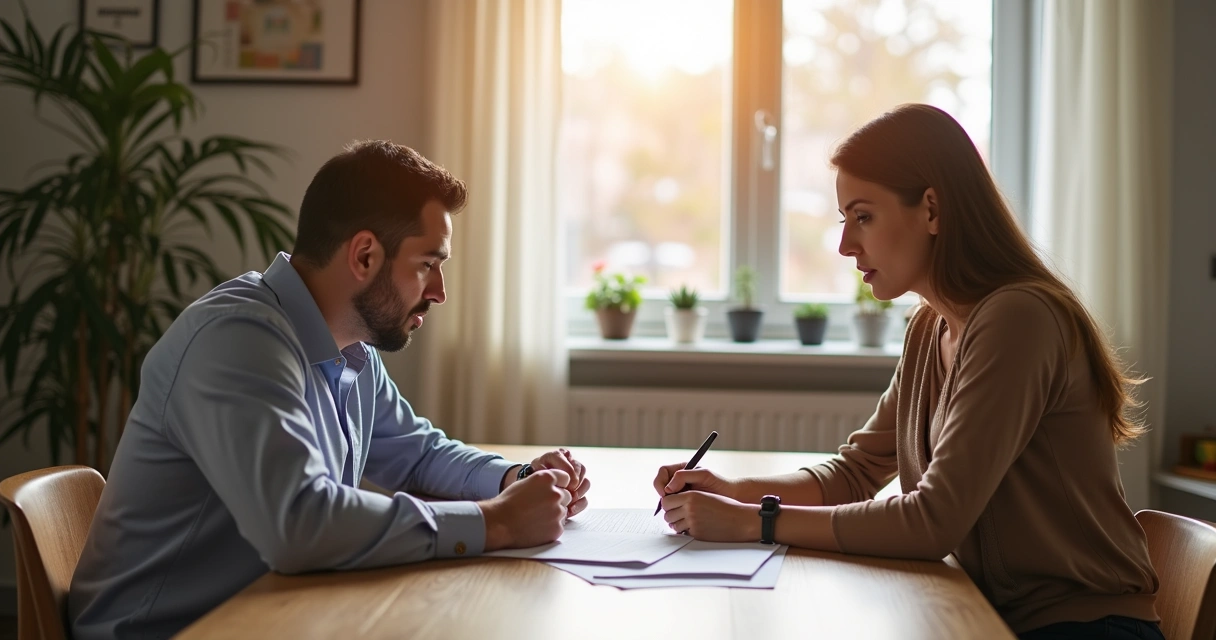 Um homem e uma mulher discutindo um contrato de distrato em uma sala de estar acolhedora com luz natural.