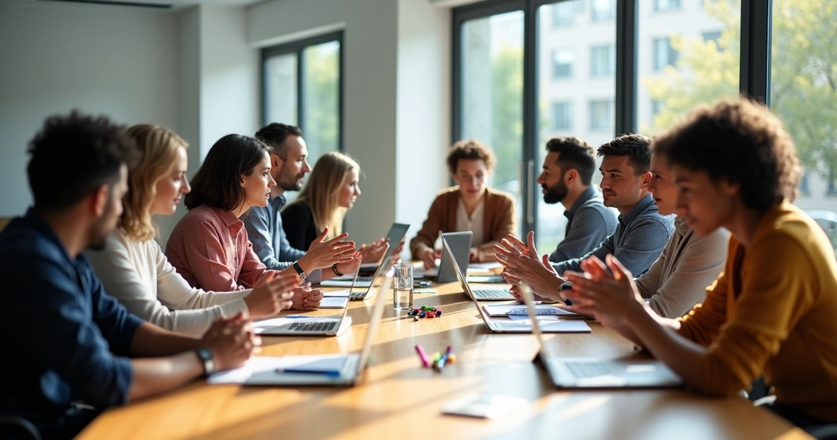 Equipe sentada ao redor de uma mesa discutindo ideias diferentes em ambiente moderno 