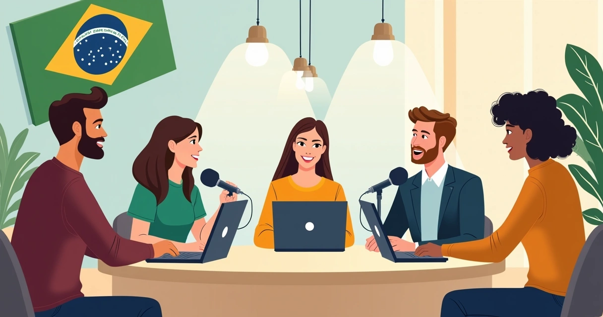 Equipe diversa gravando podcast em ambiente democrático com símbolos nacionais 
