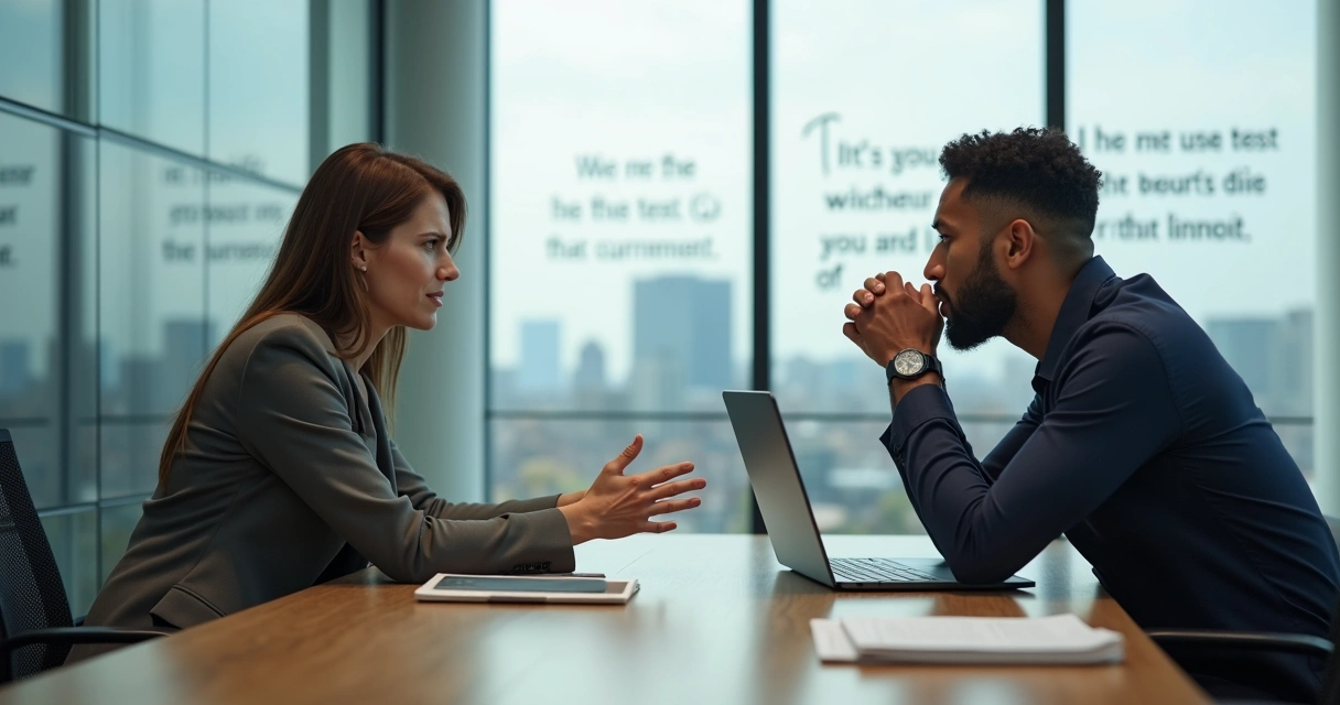 Duas pessoas discutindo sentadas em um escritório moderno 