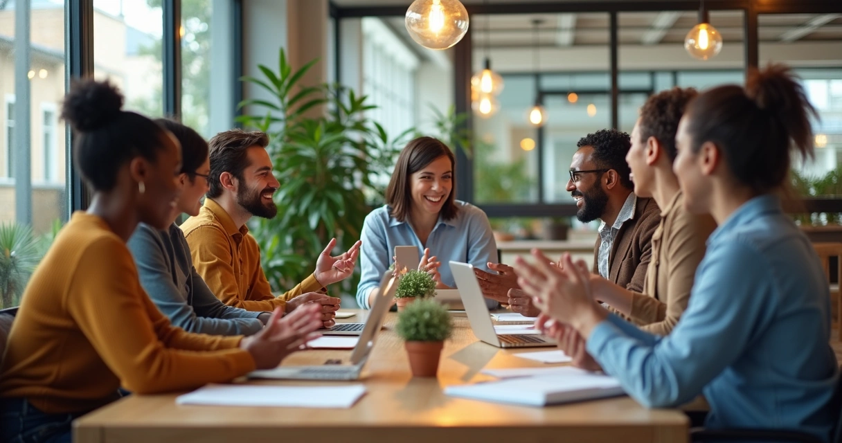 Equipe reunida em discussão ao redor de mesa de trabalho. 