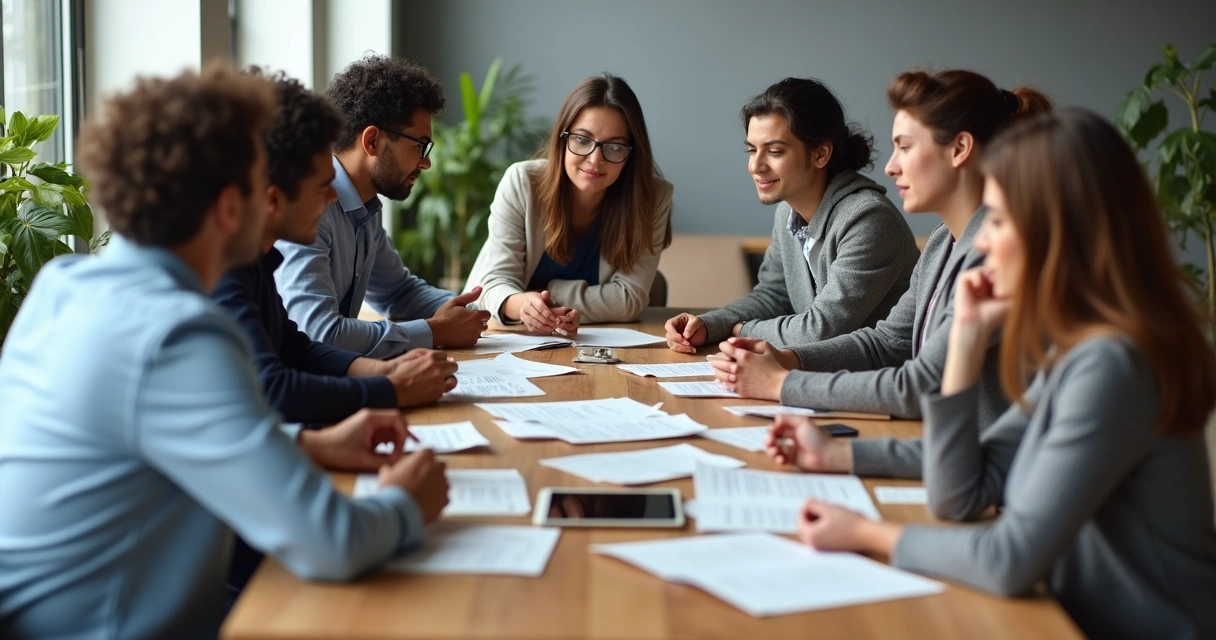 Pessoas em torno de uma mesa debatendo questões em grupo