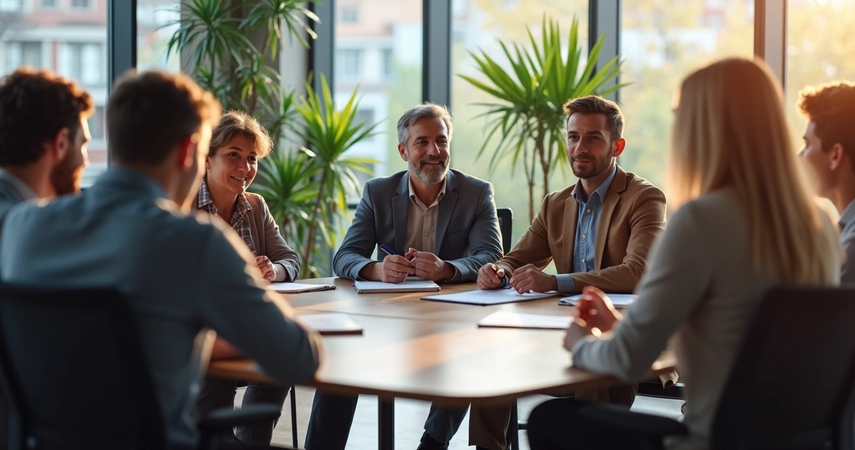 Equipe sentada em círculo trocando ideias 