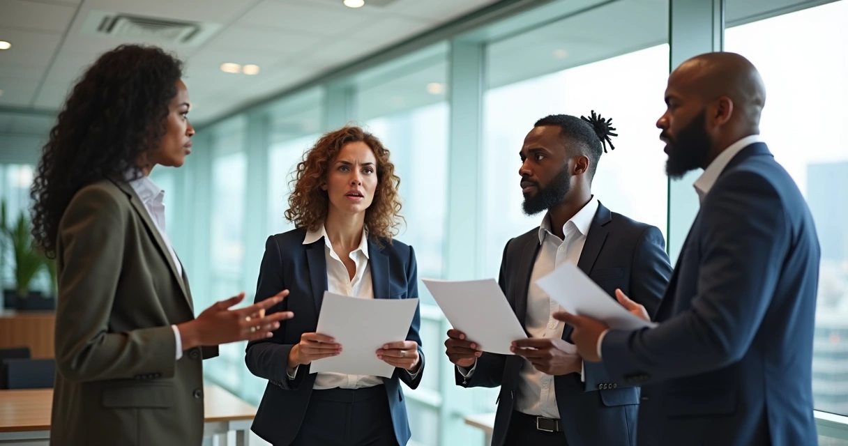 Quatro pessoas discutindo com papéis nas mãos em ambiente de trabalho 