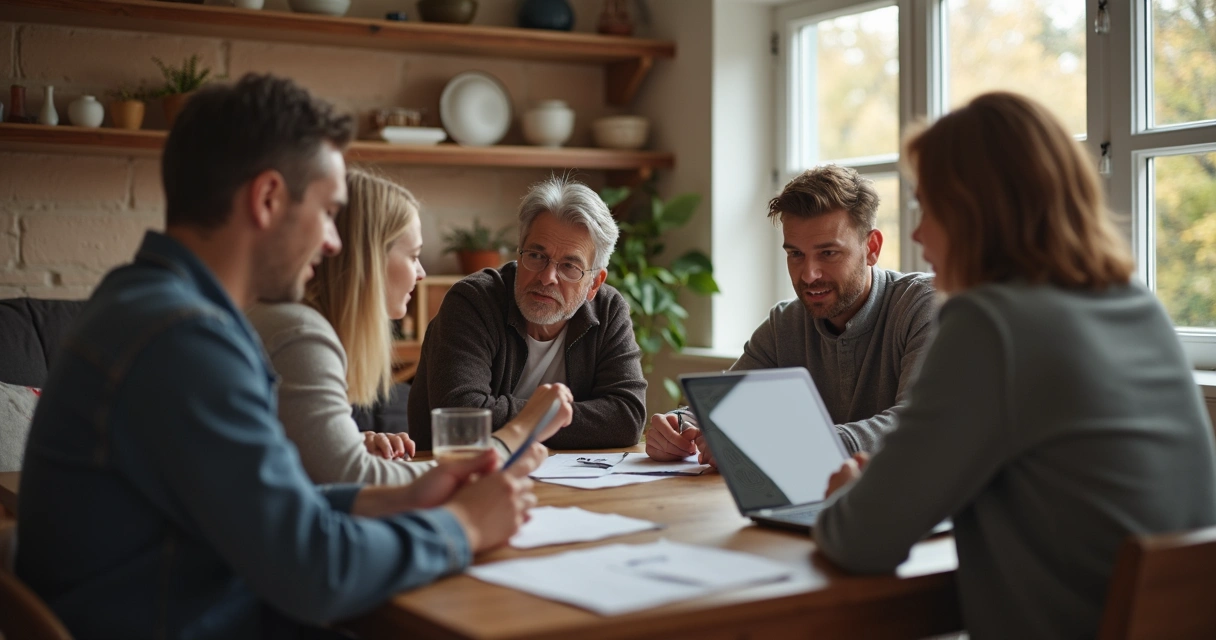 Família reunida conversando ao redor de uma mesa