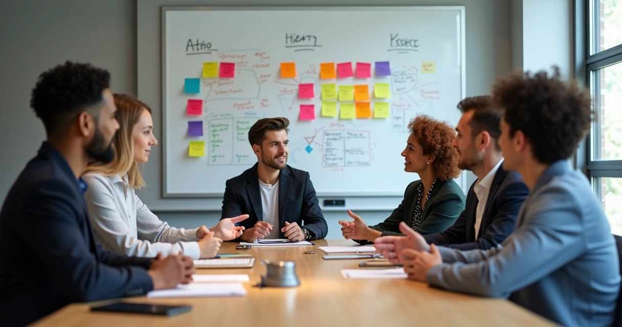 Pessoas sentadas em uma mesa de reunião, discutindo com atenção e respeito, diante de um quadro branco com post-its e esquemas.