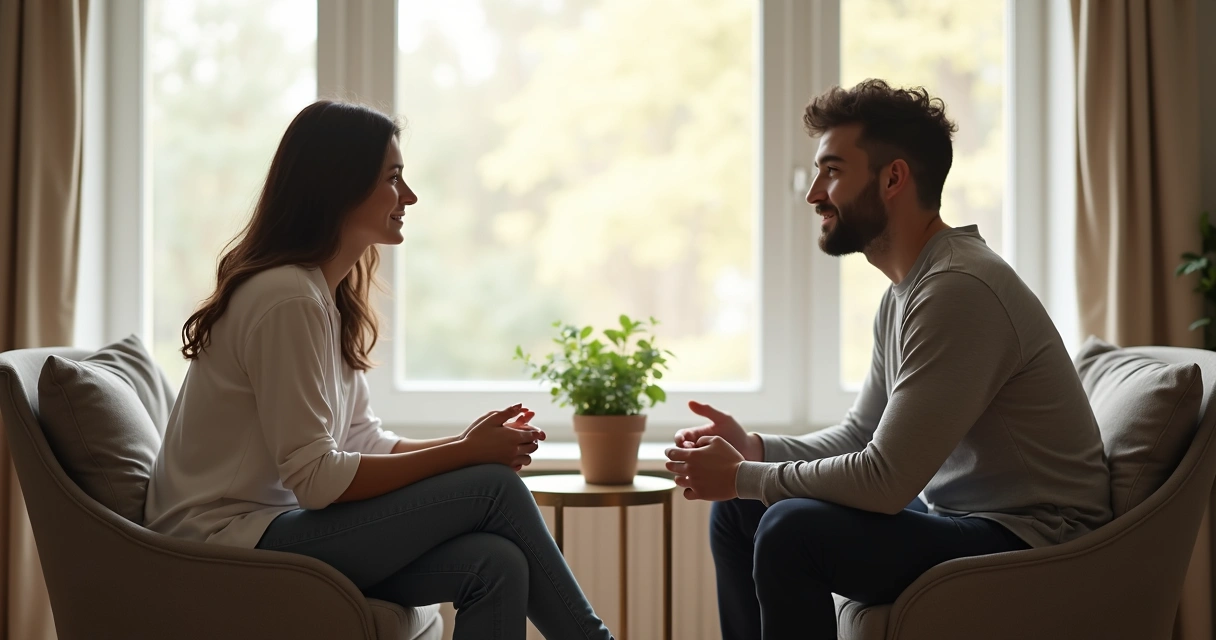 Duas pessoas em uma conversa séria sentadas frente a frente em uma sala iluminada.