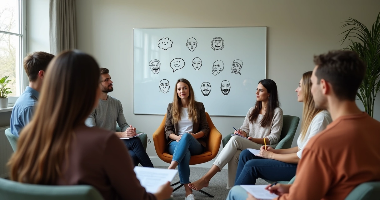 Pessoas reunidas em círculo discutindo questões emocionais sobre finanças 