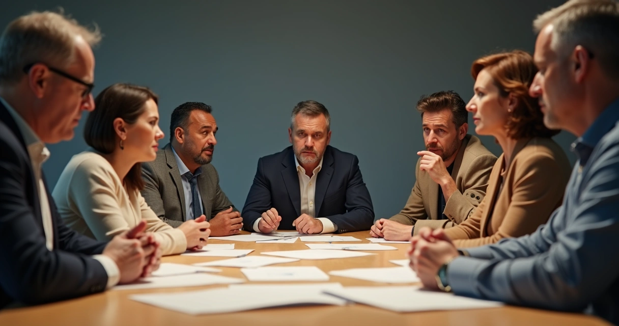Grupo discutindo ao redor de uma mesa, expressando emoções distintas 