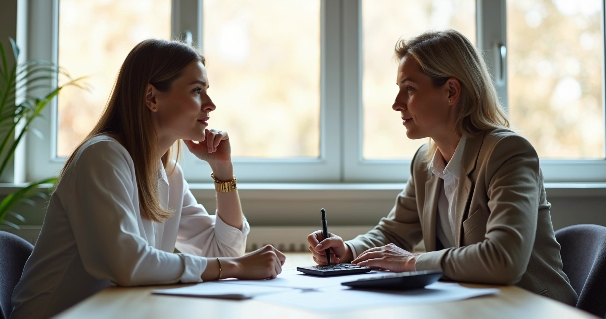 Duas pessoas em uma mesa conversando sobre finanças de forma aberta e emocional