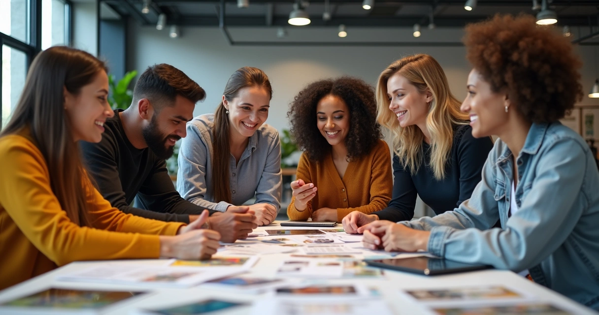 Pessoas em mesa conversando sobre produtos para revenda 