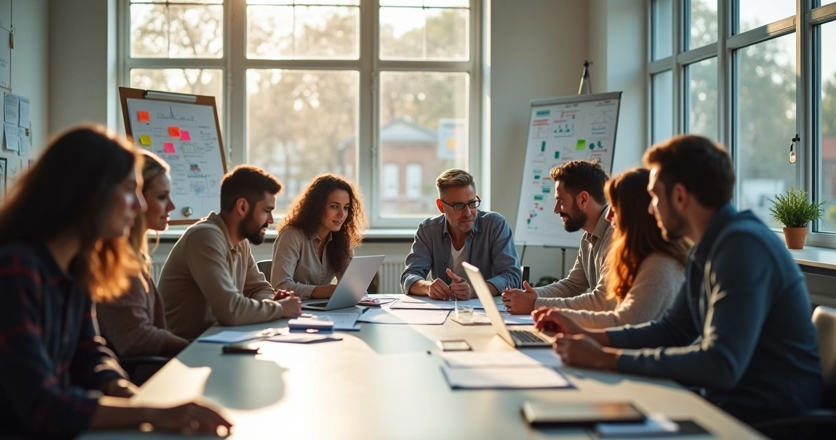 Equipe de trabalho discutindo ideias em sala durante reunião 