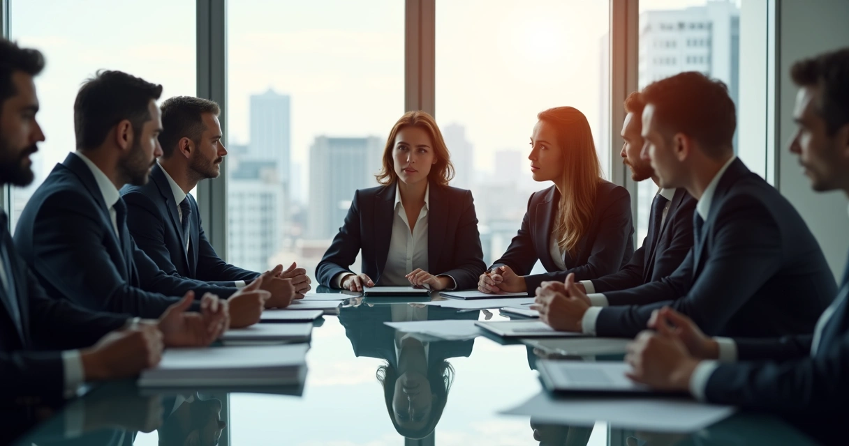 Profissionais conversando em reunião empresarial 