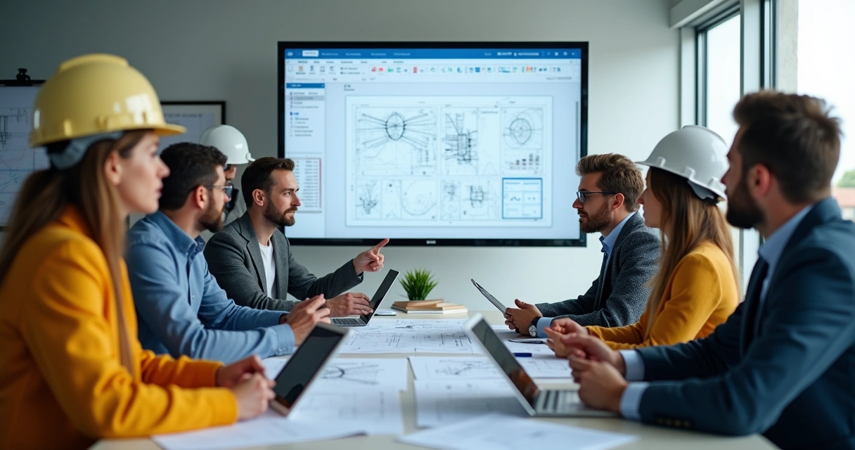 Engenheiros discutindo uma solução proposta por IA ao redor de uma mesa de reunião 