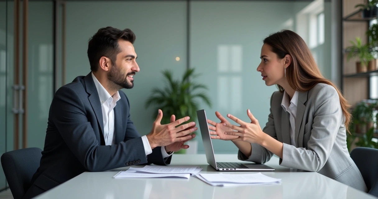 Duas pessoas sentadas em sala de reunião, conversando calmamente durante um conflito no trabalho 