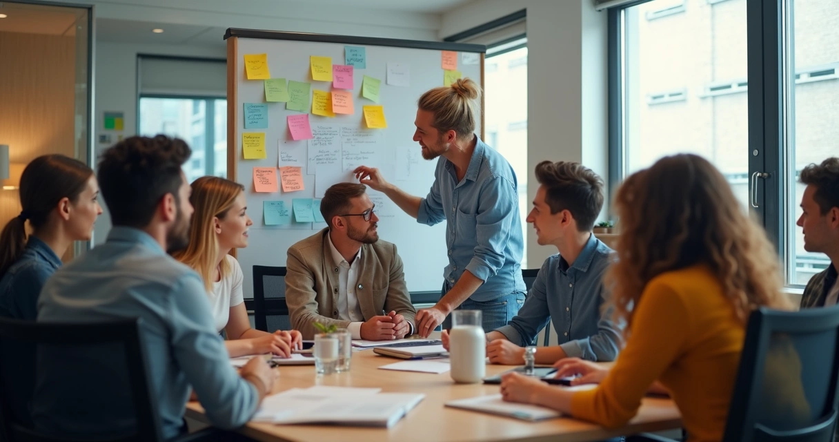 Equipe reunida em círculo debatendo com post-its no quadro