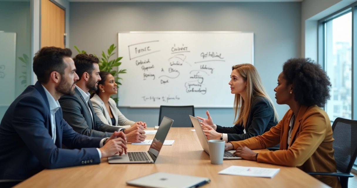 Equipe em mesa de reunião discutindo ideias com expressão atenta e colaborativa. 