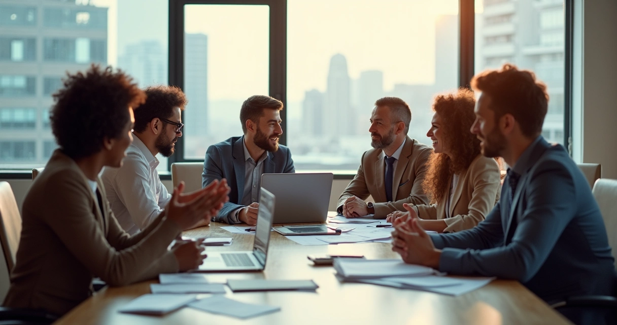 Grupo de pessoas de diferentes origens culturais em reunião de trabalho, debatendo ao redor de uma mesa 
