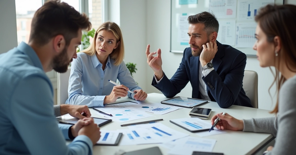 Equipe em reunião olhando para gráficos na mesa, com expressões de preocupação e atenção 