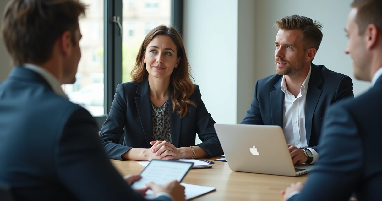 Equipe de trabalho em reunião, um membro observa expressão sutil do outro