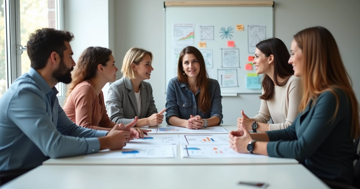 Grupo de pessoas em reunião discutindo objetivos em sala de escritório