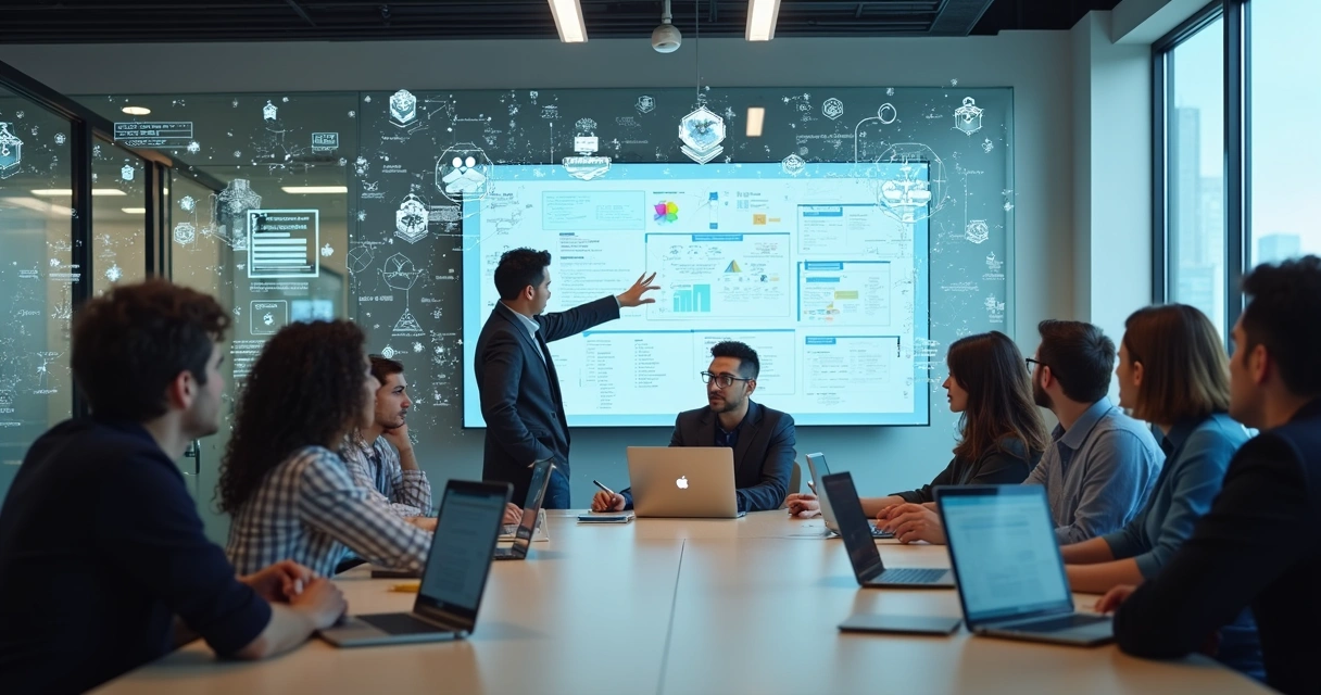 Equipe discute integração de IA em sala moderna 