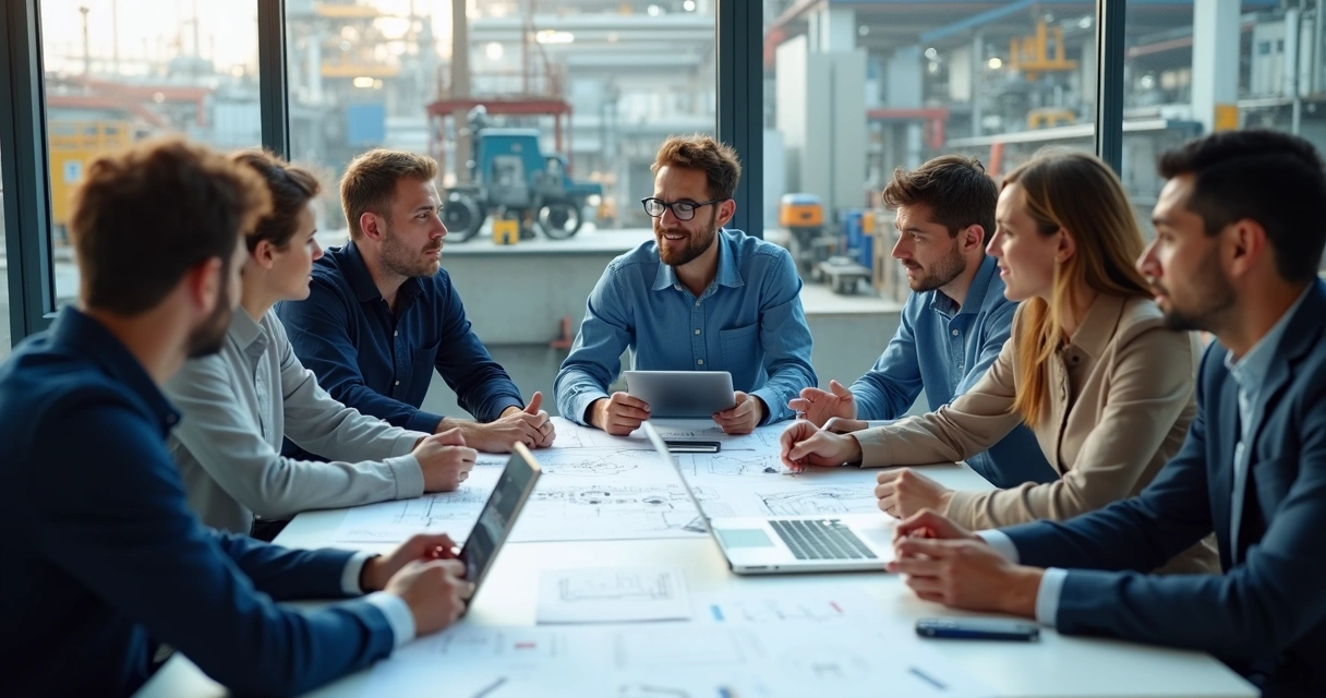 Equipe multidisciplinar analisa equipamentos industriais em mesa redonda 