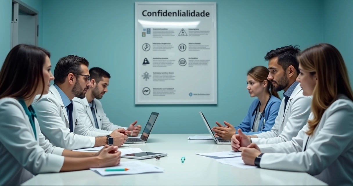 Equipe médica discutindo confidencialidade 