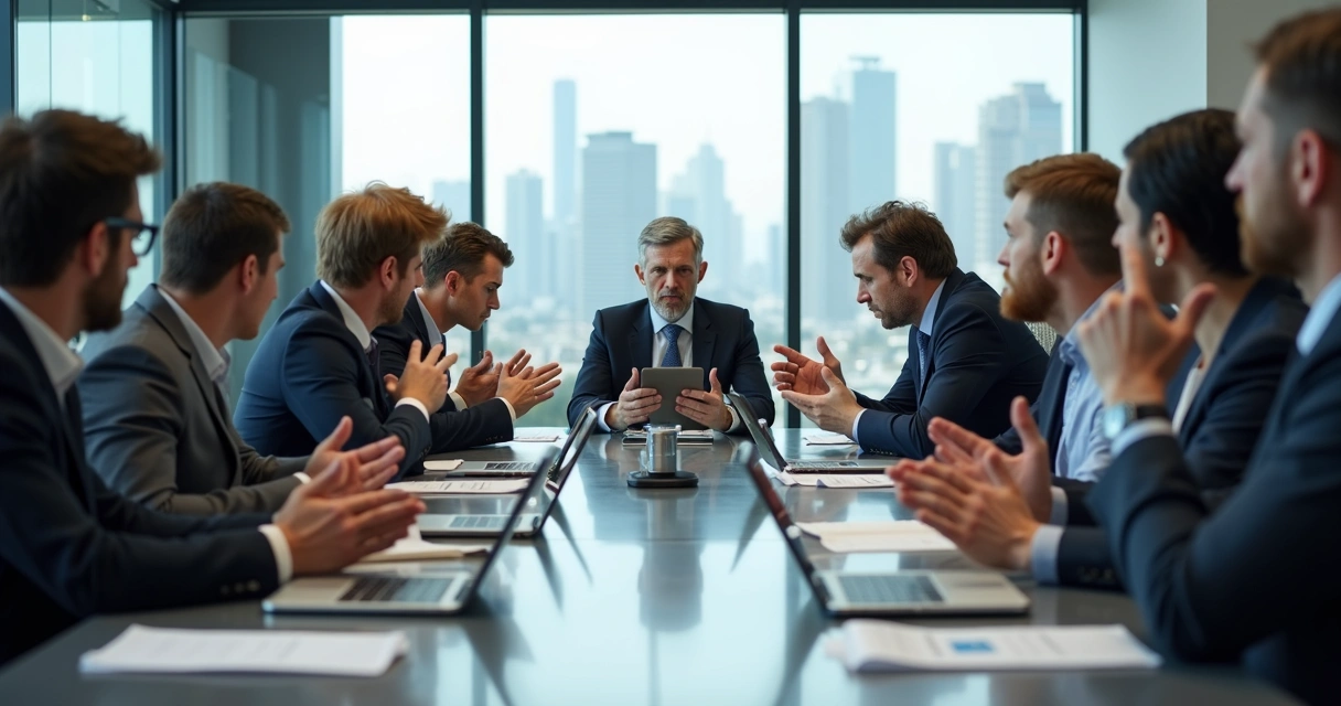 Equipe sentada ao redor de mesa de reunião discutindo com expressões de tensão 